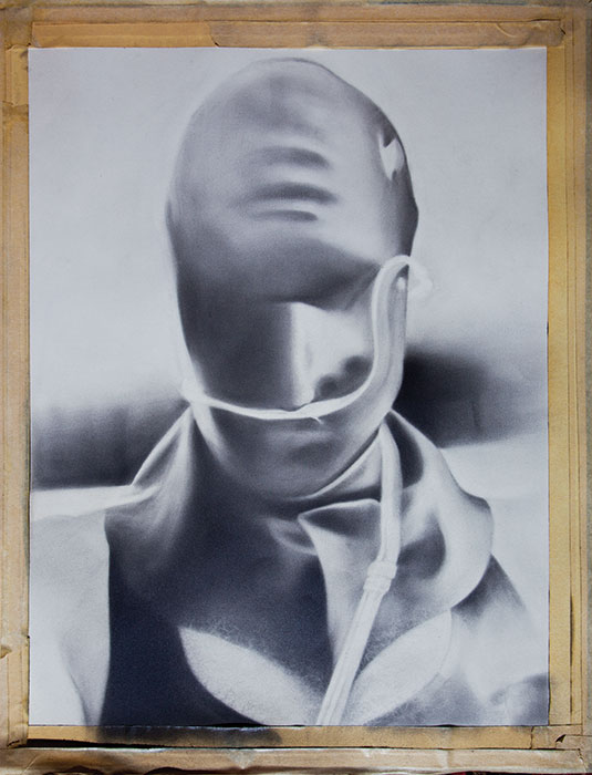 "Steve in Rubber Mask (unfinished)," 2001, graphite on paper. 28 x 21 inches. Estate of Manon Cleary.